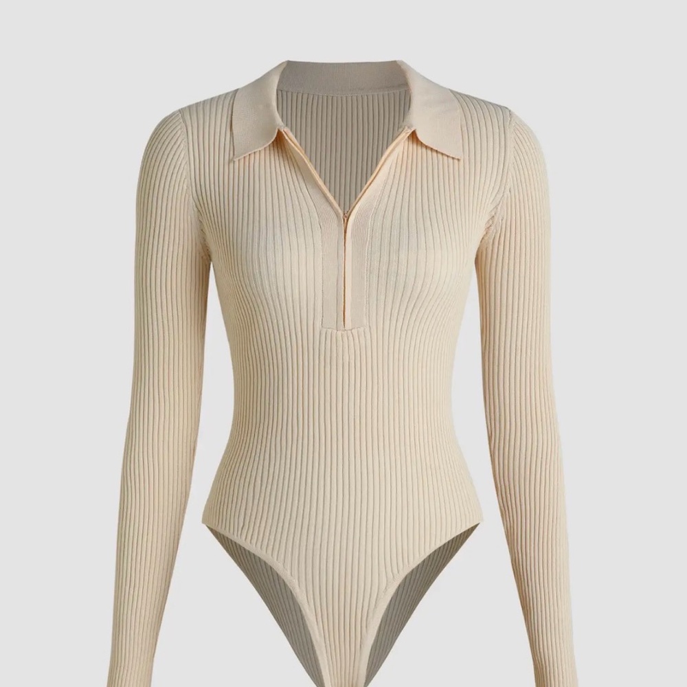 Cider Beige Ribbed Zip-Up Bodysuit